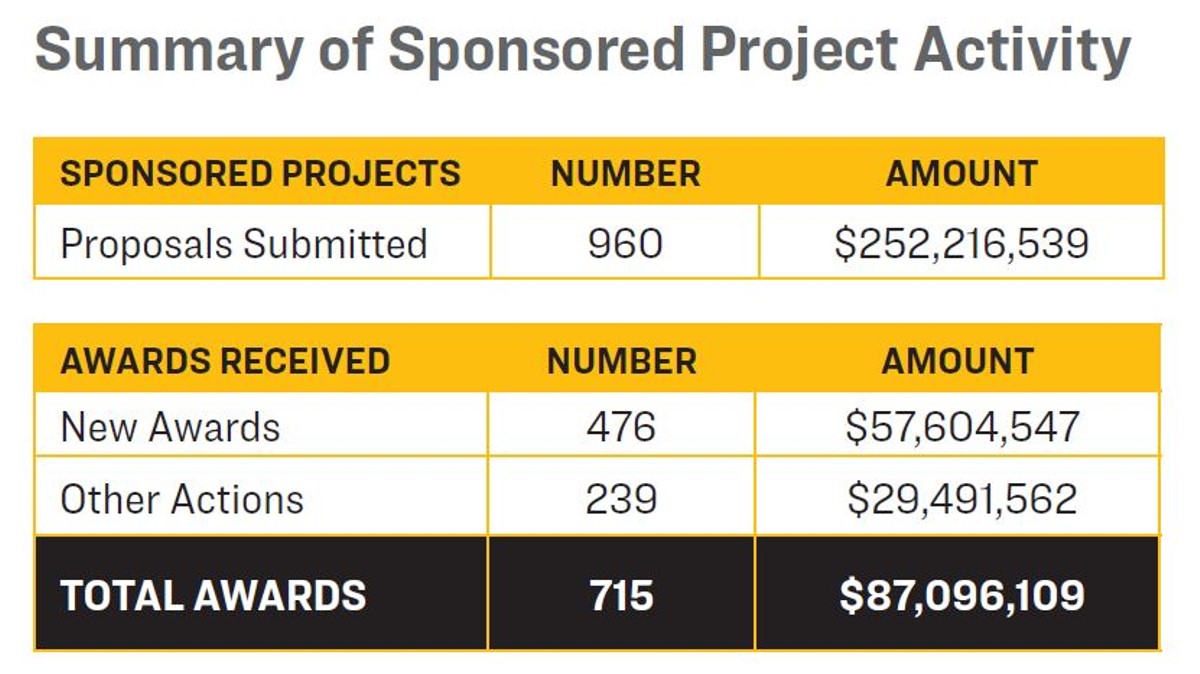 A table depicting a summary of sponsored project activity