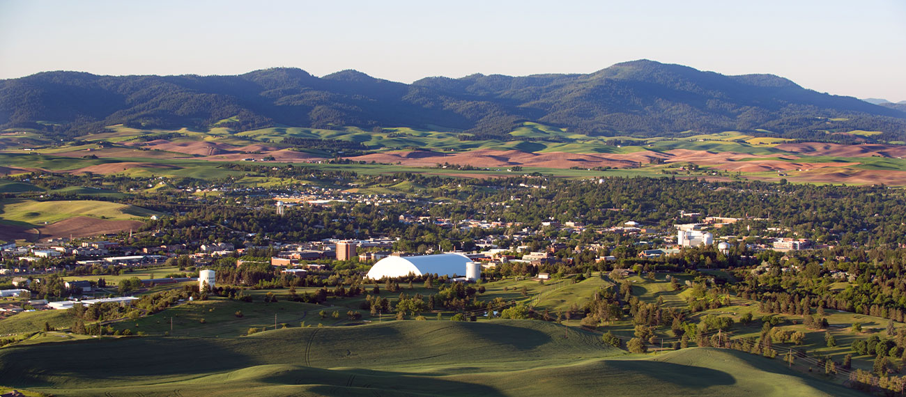 aerial view of Moscow, ID with Moscow Mountain in the background