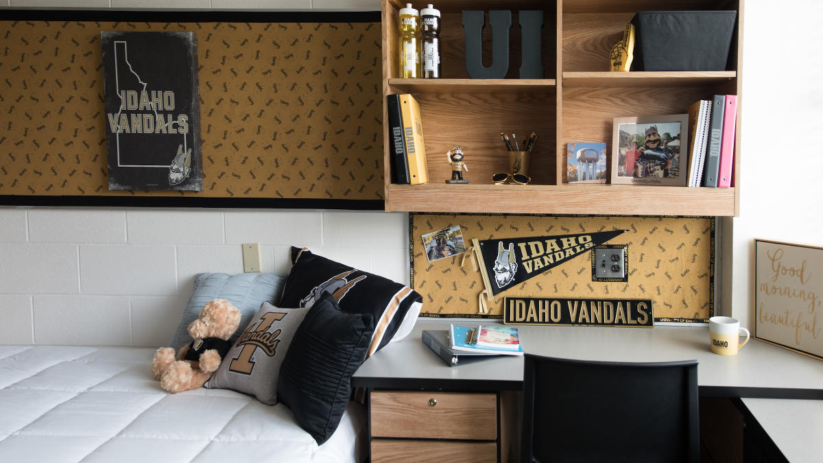 Desk in a dorm room decorated with vandal gear