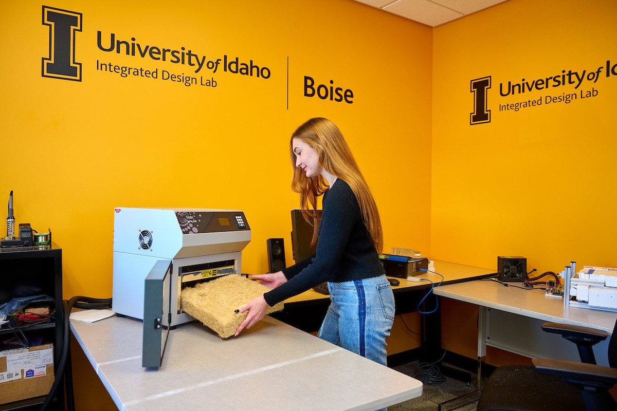 Isabelle Boicourt holds the hemp insulation material at the IDL lab in Boise