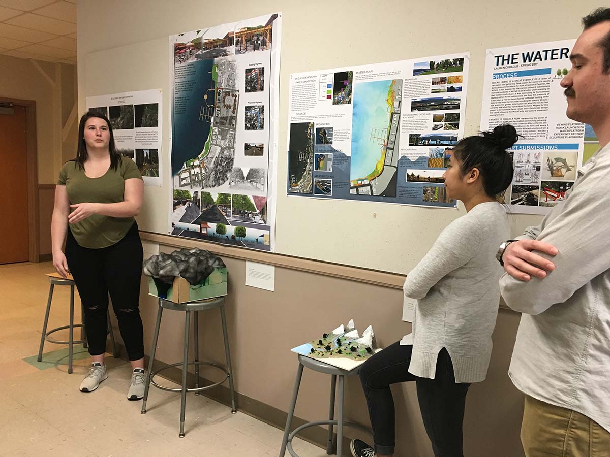 Students giving a presentation with a poster design