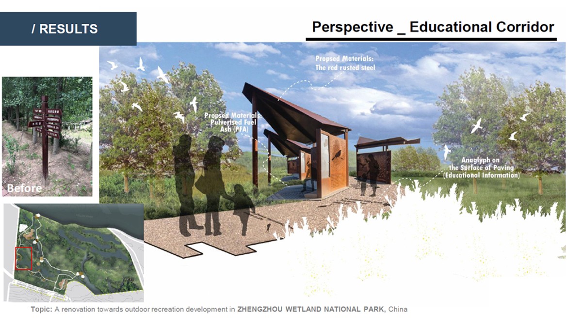 Landscape Architecture student project for a boardwalk through a wetland, showing a proposed educational corridor.