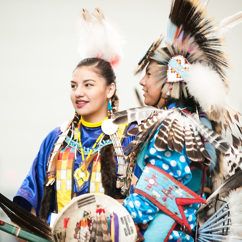 Two people in traditional native american dress.