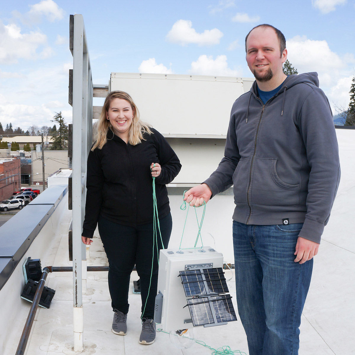 Alex Parenti and Amanda Ward work on their Park-My-Ride monitor.