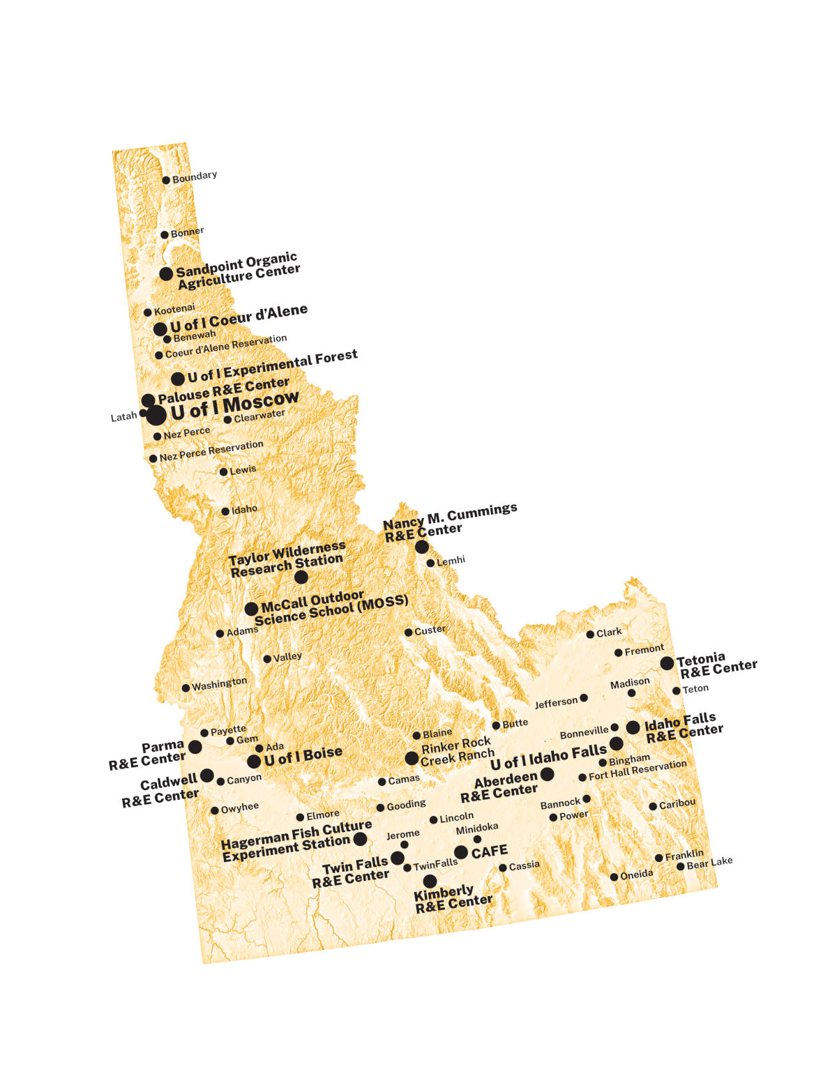 infographic map of Idaho with cities and town dots labeled