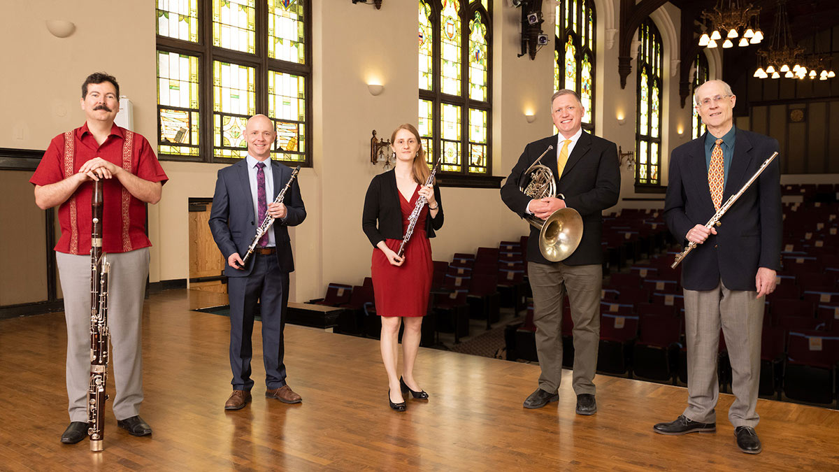 The Northwest Wind Quintet: Javier Rodriguez, Shawn Copeland, Teodora Pejasinovic Proud, Jason Johnston, and Leonard Garrison.