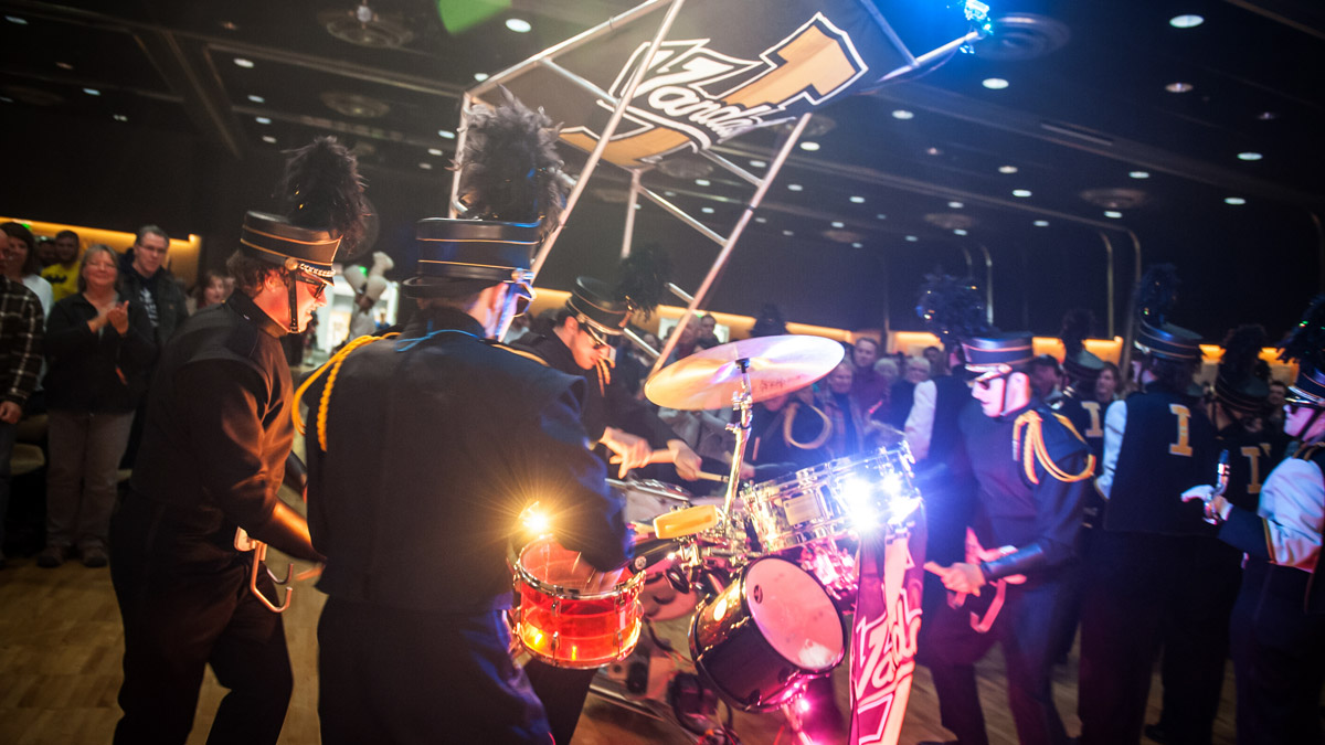 The Vandal Marching Band performing in the International Ballroom of the Bruce Pitman Center.