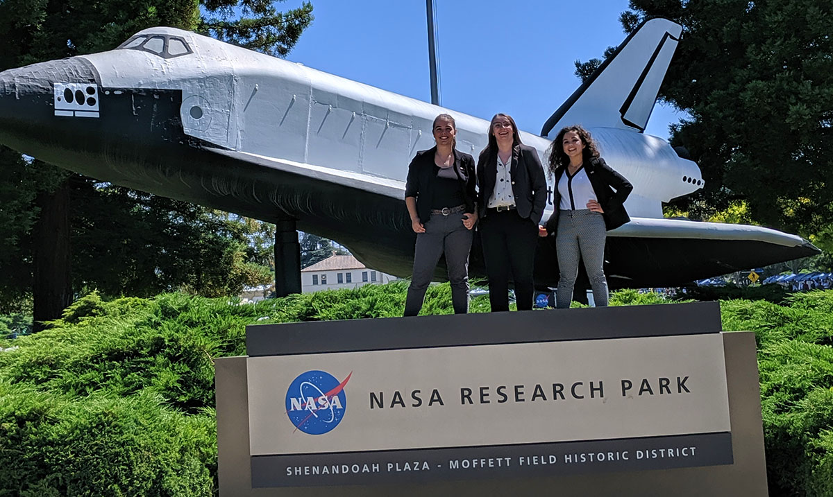 Mechanical Engineering majors Jadzia Graves, MacKenzie Sexton and Makynzie Zimmer at NASA Ames Research Center in Mountain View, California
