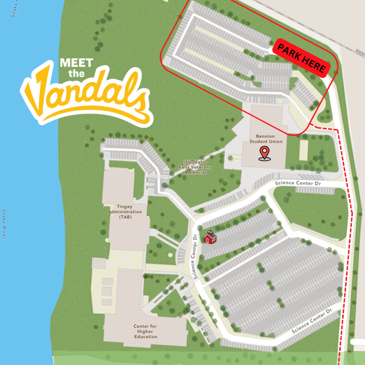 Map of the Idaho Falls center with the student union building marked for the Meet the Vandals event