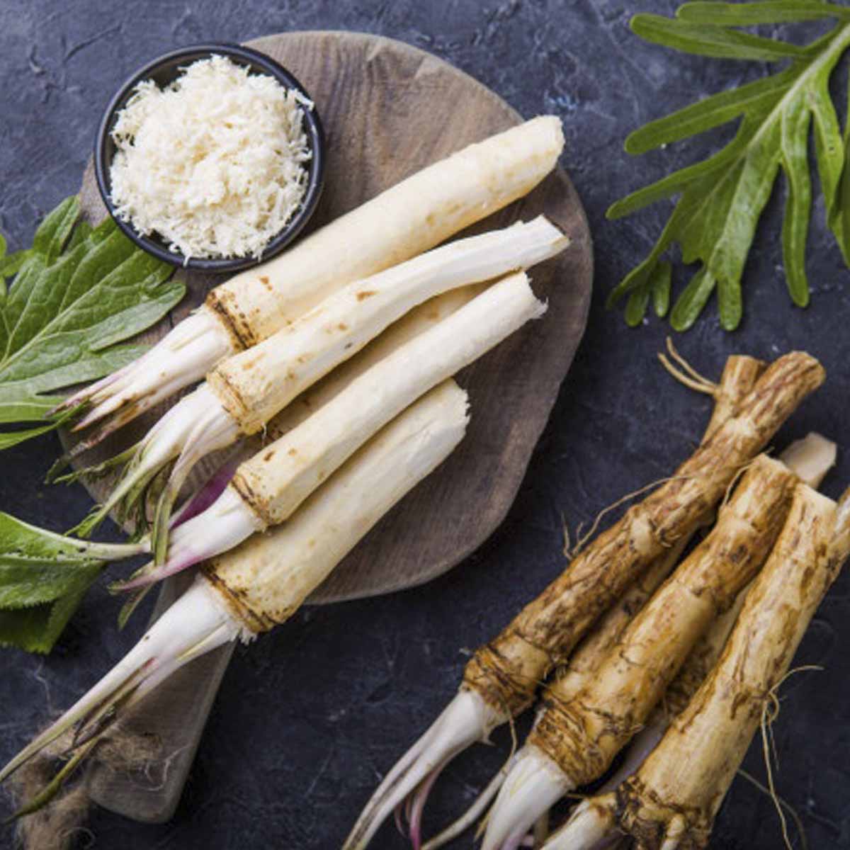 Dug, peeled and ground horseradish.