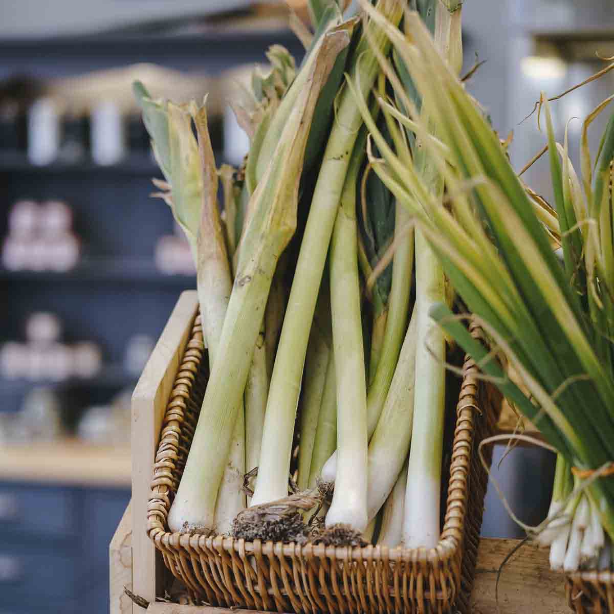 Leeks in basket.