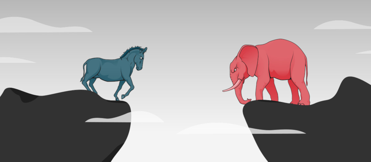 A stylized illustration depicts a donkey and elephant stand on cliffs separated by a canyon